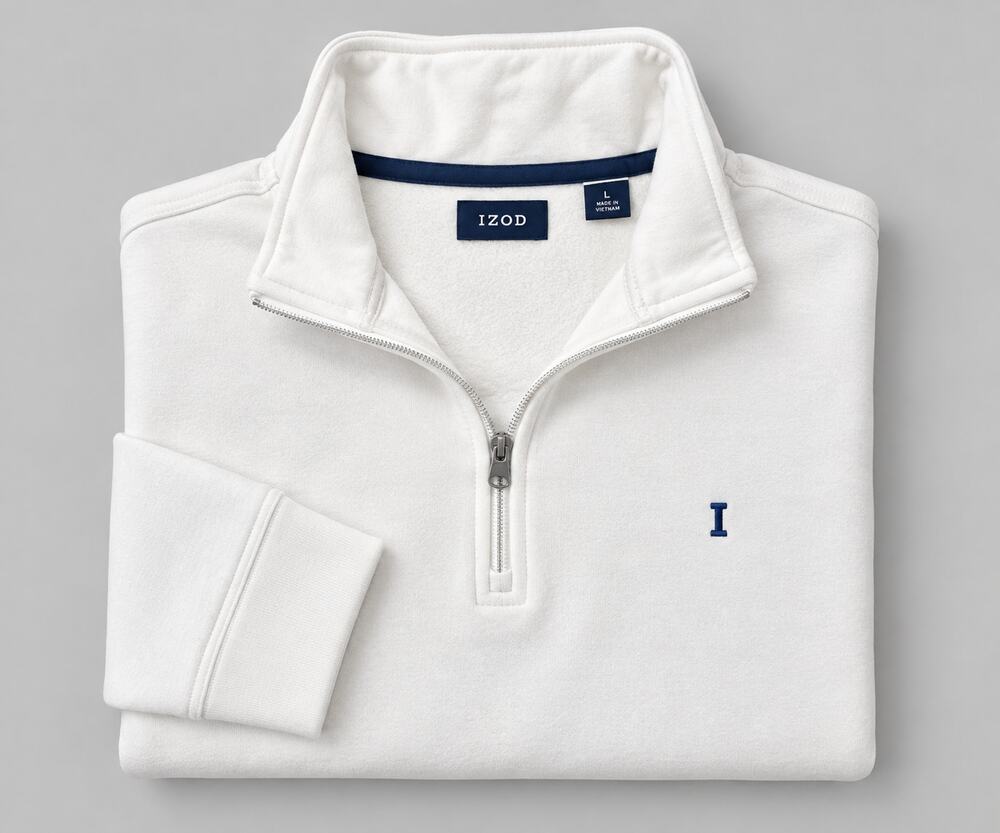 IZOD Mens Large White 1/4 Zip Mock Neck Fleece Pullover Preppy College Work Top